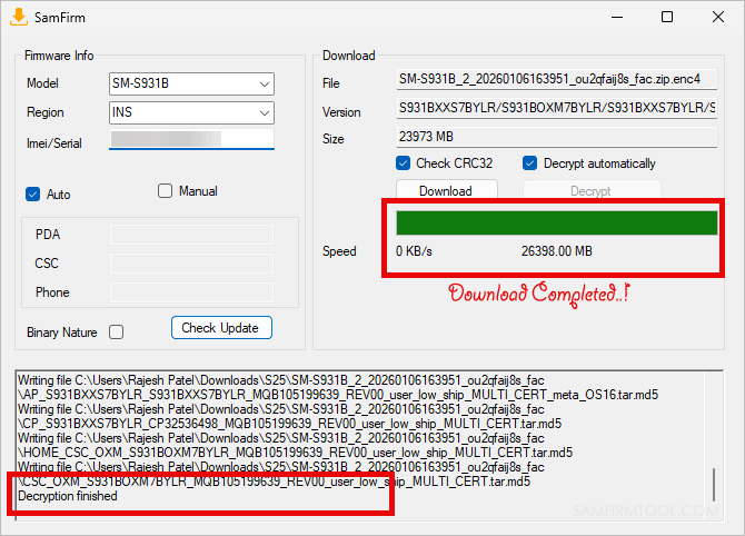 SamFirm Tool Download Completed